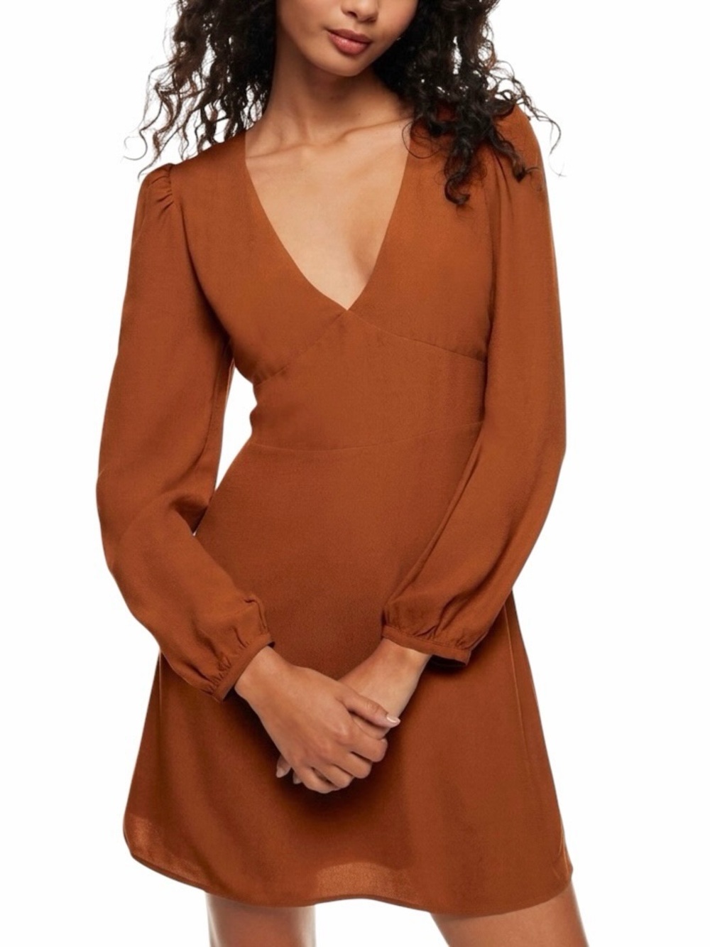 Aritzia Sunday Best Grayson V-Neck Lantern Sleeve Mini Dress Cognac Brown Sz 14